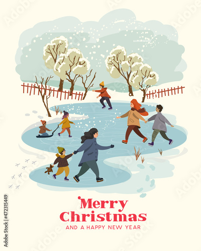 People including family and friends enjoying themselves and having fun while ice skating on an ice rink. Christmas and winter vector illustration.