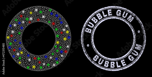 Glossy polygonal mesh web donut icon with glow effect on a black background with Bubble Gum rubber seal imitation. Illuminated vector mesh created from donut icon,