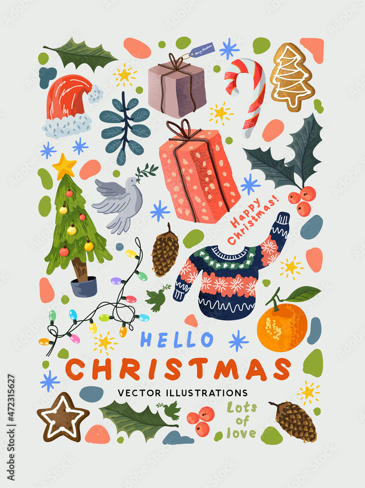 Fototapeta premium Winter and christmas season hand made decoration designs including plants, lights and festive treats! Vector illustration.