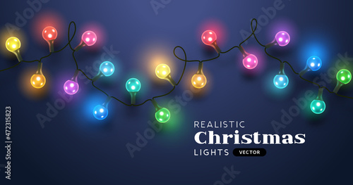Festive colorful Christmas lights fairy chain. Holiday background vector illustration layout.