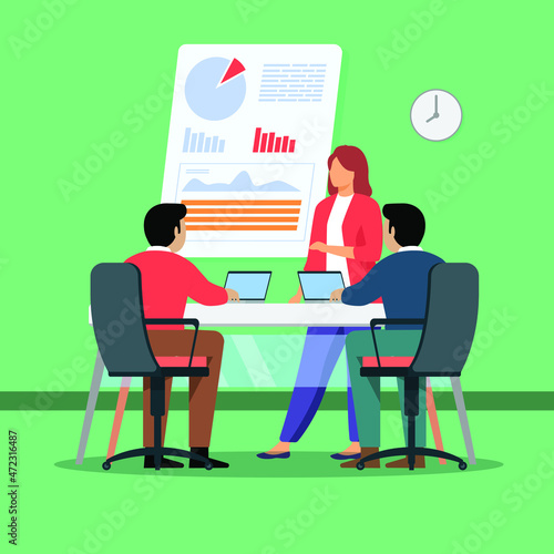 Male explains himself in front of reviewers through presentations. HRD. Curriculum Vitae. Interview. Human Resource. Vector colorful illustration.