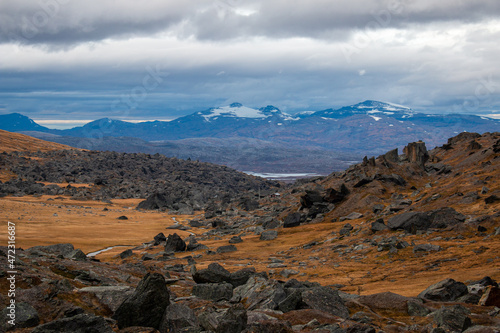 The view from a hiking trail between Laktatjakka and Trollsjon lake towards the border with Norway, Sweden, October 2021.