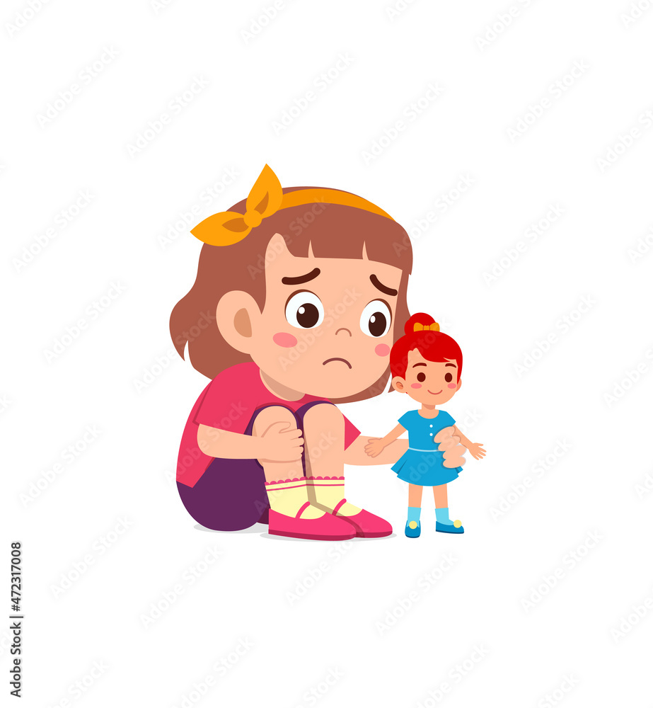 cute girl play toy doll alone and feel sad cute girl play toy doll alone and feel sad