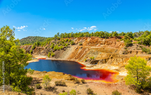 Red colored hazardous polluted Sha mine lake  Nicosia  Cyprus
