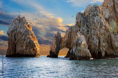 Seagulls in front of El Arco Arch of Cabo San Lucas at Sunset