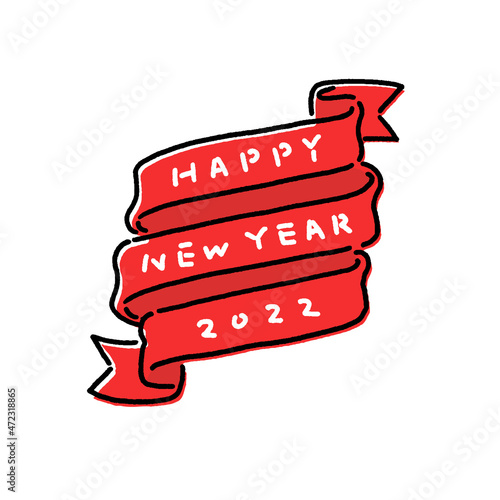 かわいい手書きの”happy new year 2022"の文字と赤いリボン：白背景