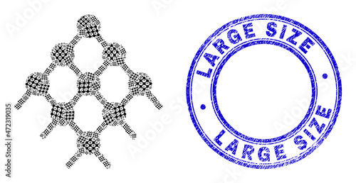 Vector grid dots icon collage is designed from randomized self grid dots items. Large Size corroded blue round seal imitation. Recursive mosaic from grid dots icon.