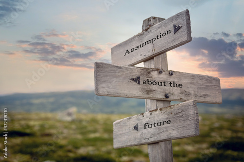Fotografie assumption about the future text quote on wooden signpost outdoors in nature during sunset