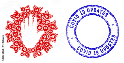 Vector stop hand coronavirus icon composition is made of randomized recursive stop hand coronavirus icons. Covid 19 Updates grunge blue round seal imitation.