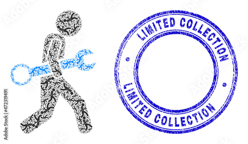 Vector serviceman icon composition is composed of scattered recursive serviceman items. Limited Collection scratched blue round seal. Recursion composition of serviceman icon.