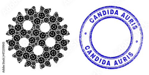 Vector coronavirus icon composition is made of scattered recursive coronavirus icons. Candida Auris dirty blue round seal. Recursive mosaic of coronavirus icon.