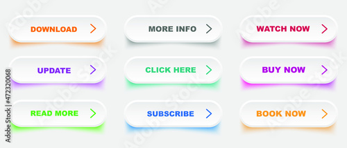 Set of colorful 3d buttons on white background. Flat line button collection. Vector web element