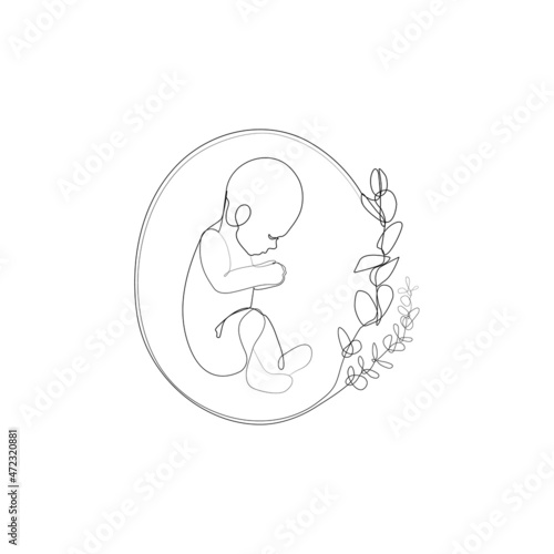 One line drawing cute baby. Modern minimalism art, aesthetic contour. Little kid in the minimalist style. Continuous line vector illustration.
Embryo in womb decorated with , roses, flowers. The mirac