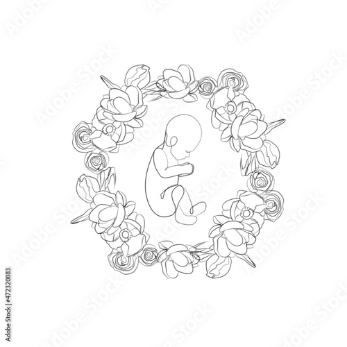 One line drawing cute baby. Modern minimalism art, aesthetic contour. Little kid in the minimalist style. Continuous line vector illustration.
Embryo in womb decorated with , roses, flowers. The mirac
