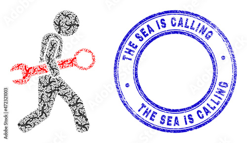 Vector guy steal wrench icon composition is designed of random recursive guy steal wrench pictograms. The Sea Is Calling textured blue round seal print. Recursive composition of guy steal wrench icon.