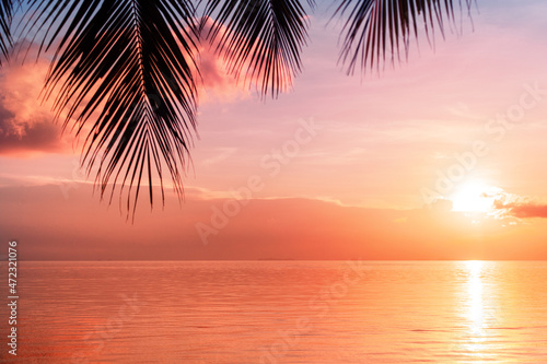 Beautiful sea sunset, morning ocean sunrise, tropical island beach, palm tree leaves silhouette, purple sky, orange clouds, yellow sun glow on water, dawn landscape, summer holidays, vacation, travel