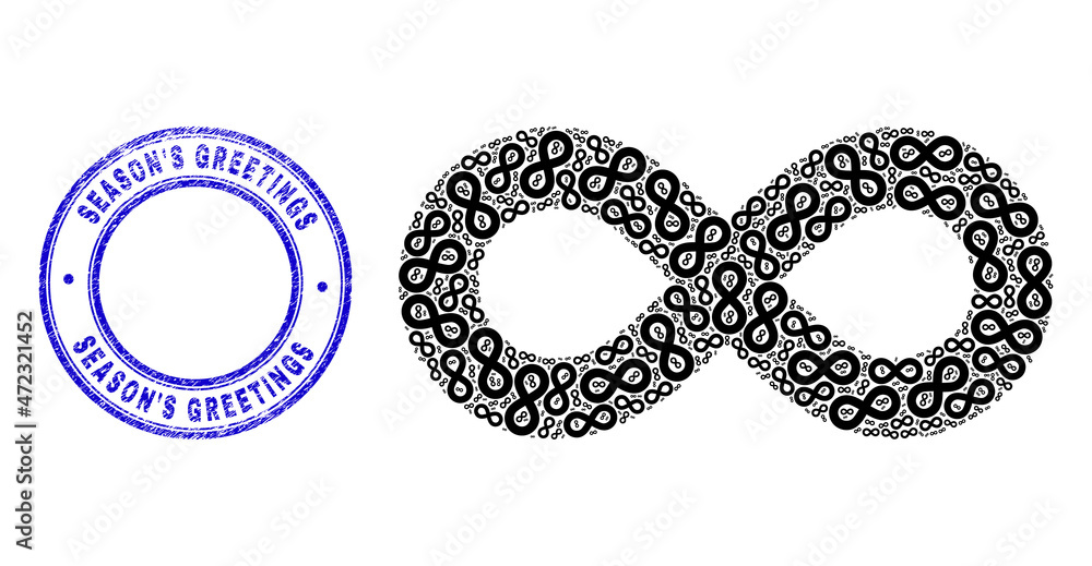 Vector infinity icon mosaic is constructed of random self infinity icons. Season'S Greetings grunge blue round stamp seal. Fractal mosaic of infinity icon. Vector infinity icon mosaic is constructed of random self infinity icons. Season'S Greetings grunge blue round stamp seal. Fractal mosaic of infinity icon.