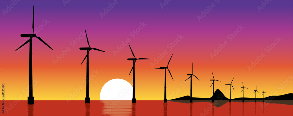 夕暮れの洋上風力発電所のイラスト クリーンエネルギー 地球温暖化防止カーボンニュートラル Sdgs Sustainable Development Goals Stock Vector Adobe Stock