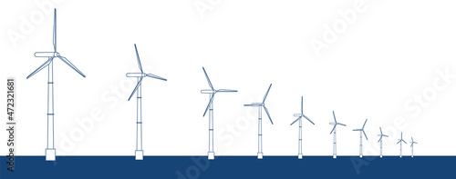 風力発電所のイラスト　線画　クリーンエネルギー　地球温暖化防止カーボンニュートラル　SDGs Sustainable Development Goals 
