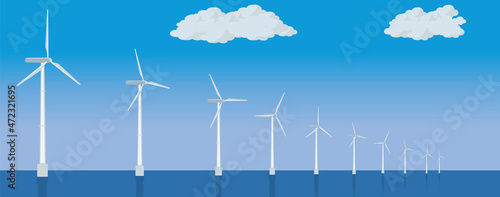 洋上風力発電所のイラスト　クリーンエネルギー　地球温暖化防止カーボンニュートラル　SDGs Sustainable Development Goals 