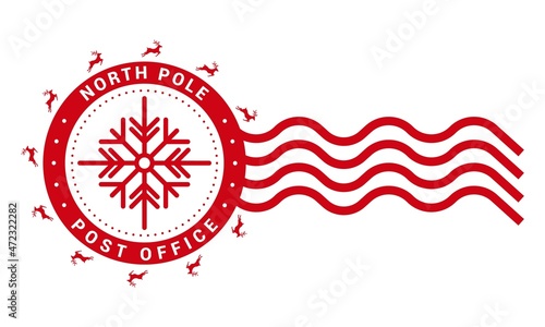 North pole post office. Round stamp design template. Christmas decorative element for handmade gifts with text,reindeers and snowflake silhouette. Vector illustration on white background
