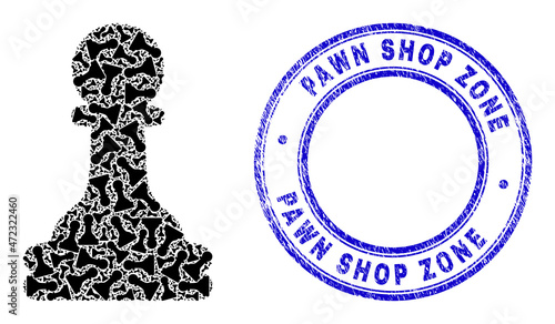 Vector chess pawn icon mosaic is designed with randomized recursive chess pawn elements. Pawn Shop Zone textured blue round seal. Fractal mosaic from chess pawn icon.
