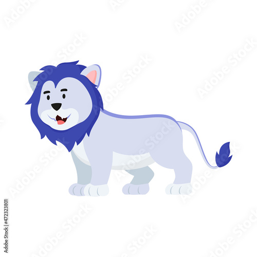 León, dibujo animado. Caricatura de león. Mamífero. Ilustración vectorial, estilo azul
