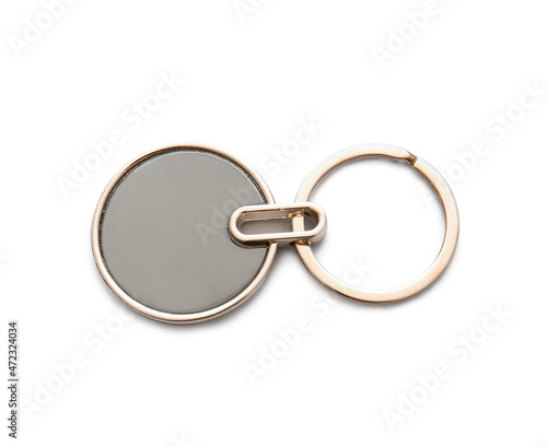 Stylish round keychain on white background