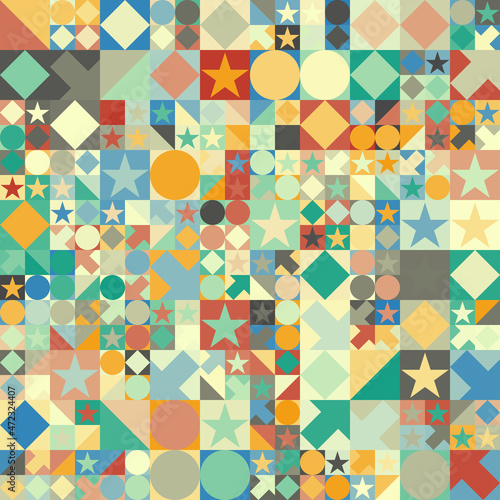 Patrón abstracto de formas geométricas en colores sobrios en diferentes tamaños y con un fondo en tonos amarillos pálidos.