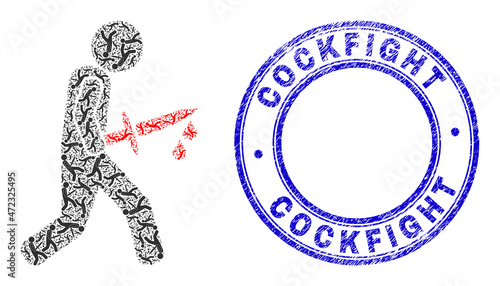 Vector bloody knife killer icon composition is constructed of scattered self bloody knife killer parts. Cockfight textured blue round stamp seal. Fractal mosaic from bloody knife killer icon.