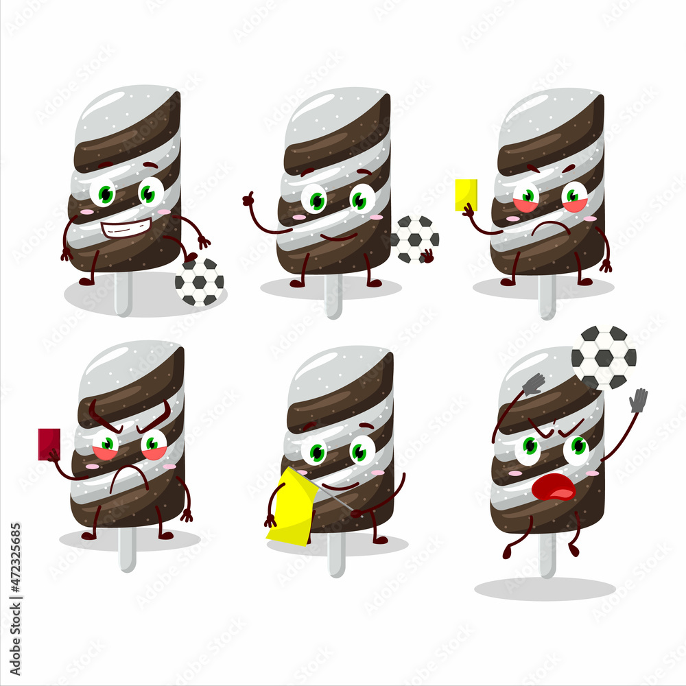 Gummy candy chocolate milk cartoon character working as a Football referee Gummy candy chocolate milk cartoon character working as a Football referee
