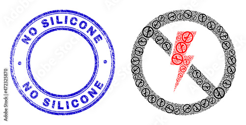 Vector no electricity icon mosaic is constructed from randomized recursive no electricity items. No Silicone dirty blue round stamp seal. Recursive composition from no electricity icon.