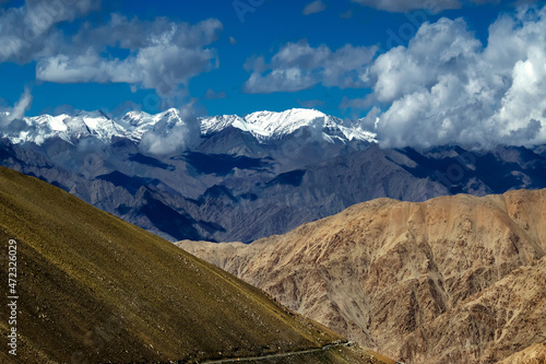 Scenic view of snow peaks, Leh ladakh landscape, light and shadow, Jammu and Kashmir, India
