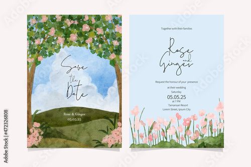 wedding invitation set with garden landscape and pink flower watercolor