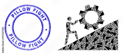 Vector man rolling gear up icon composition is constructed with random self man rolling gear up parts. Pillow Fight unclean blue round stamp seal. Recursive composition of man rolling gear up icon.