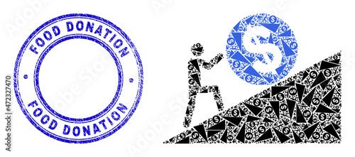 Vector man rolling dollar up icon collage is created from scattered recursive man rolling dollar up elements. Food Donation dirty blue round watermark.