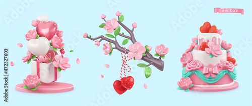 Valentines day set of objects. Heart, flowers, gift, cake. 3d realistic render vector