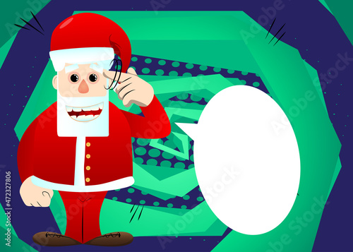 Santa Claus in his red clothes with white beard shows a you're nuts gesture by twisting his finger around his temple. Vector cartoon character illustration.