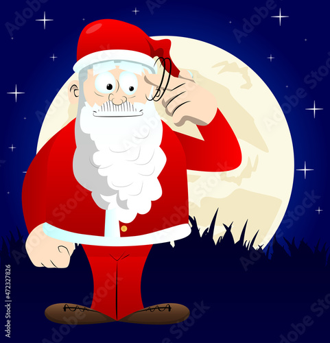 Santa Claus in his red clothes with white beard shows a you're nuts gesture by twisting his finger around his temple. Vector cartoon character illustration.