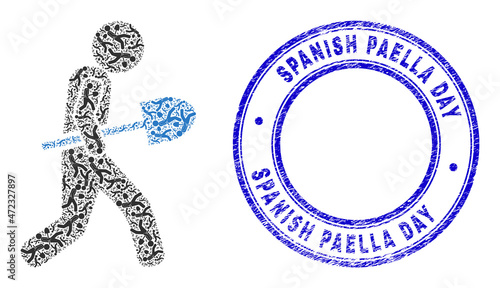 Vector shovel courier icon composition is composed of randomized recursive shovel courier parts. Spanish Paella Day scratched blue round stamp seal. Recursive combination for shovel courier icon.