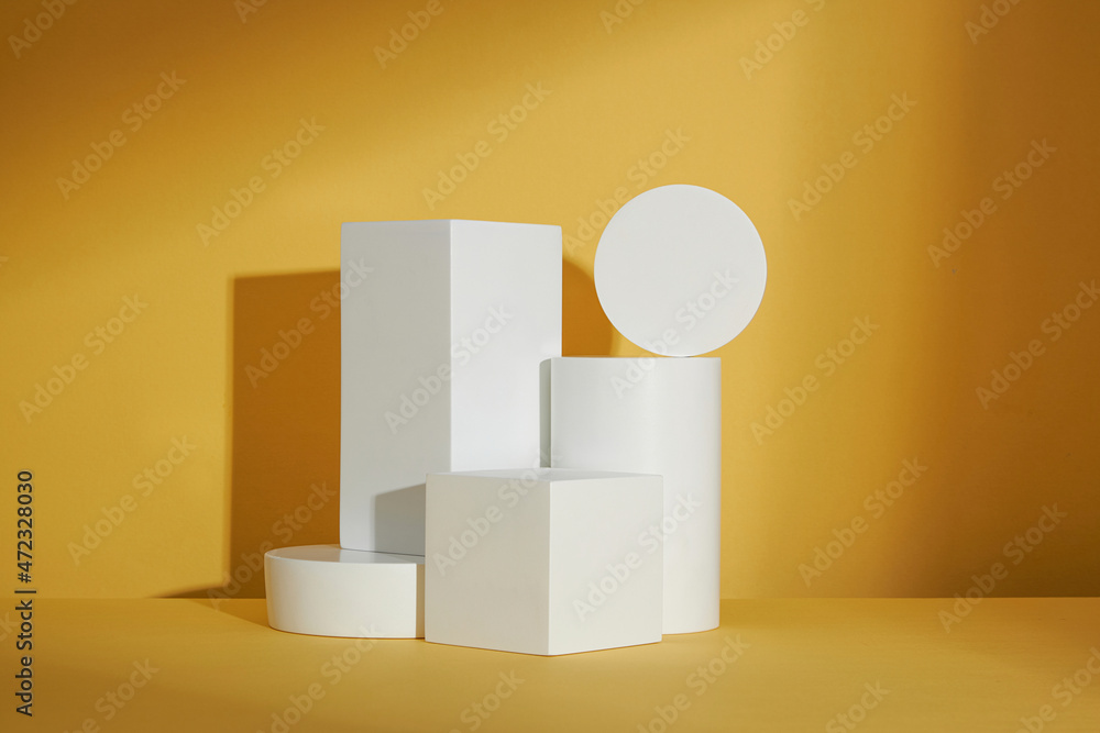 Circle , square white podium , in yellow background and blank space for advertising , abstract content , front view Circle , square white podium , in yellow background and blank space for advertising , abstract content , front view
