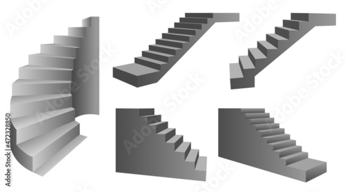 realistic staircases front view, grey steps for pedestal vector template isolated on white background, illustration of stairs from the side