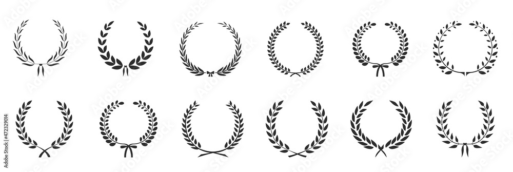 Laurel wreath icon set. Silhouette laurel wreath. Heraldic trophy crest, Medal, Frame, Greek and Roman olive branch award, winner round emblem. Stock vector. Laurel wreath icon set. Silhouette laurel wreath. Heraldic trophy crest, Medal, Frame, Greek and Roman olive branch award, winner round emblem. Stock vector.