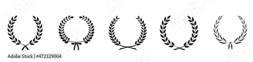 Laurel wreath icon set. Silhouette laurel wreath. Heraldic trophy crest, Medal, Frame, Greek and Roman olive branch award, winner round emblem. Stock vector.