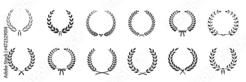 Laurel wreath icon set. Silhouette laurel wreath. Heraldic trophy crest, Medal, Frame, Greek and Roman olive branch award, winner round emblem. Stock vector.