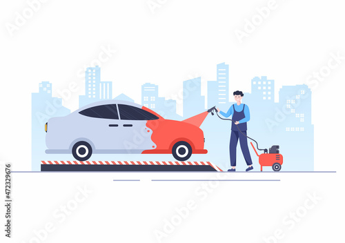 Car Painting Machine with Equipment a Paint, Airbrush or Spray Gun to the Vehicle Body for Give it a New Color in Flat Vector Illustration