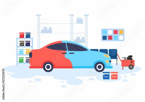 Car Painting Machine with Equipment a Paint, Airbrush or Spray Gun to the Vehicle Body for Give it a New Color in Flat Vector Illustration