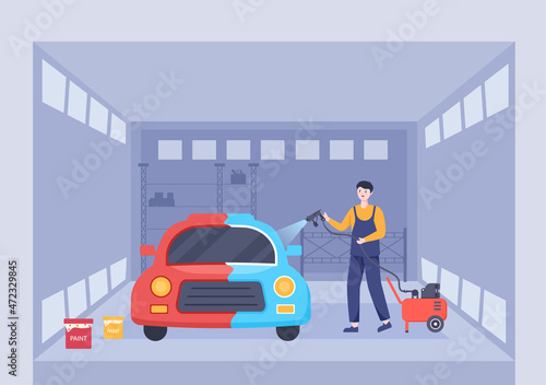 Car Painting Machine with Equipment a Paint, Airbrush or Spray Gun to the Vehicle Body for Give it a New Color in Flat Vector Illustration