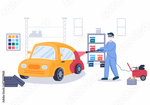 Car Painting Machine with Equipment a Paint, Airbrush or Spray Gun to the Vehicle Body for Give it a New Color in Flat Vector Illustration