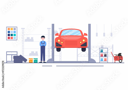 Car Painting Machine with Equipment a Paint, Airbrush or Spray Gun to the Vehicle Body for Give it a New Color in Flat Vector Illustration